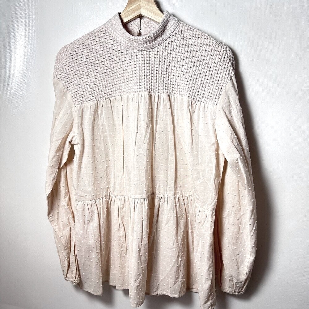 DR2 Blouse Womens Small Cream Boho Crochet Tiered Babydoll Swiss Dot Vanilla